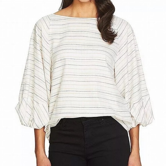 1. State Tops - 1. State Women’s Bishop‎ Sleeve Metallic Stripe Blouse Tan White Grey Size Small